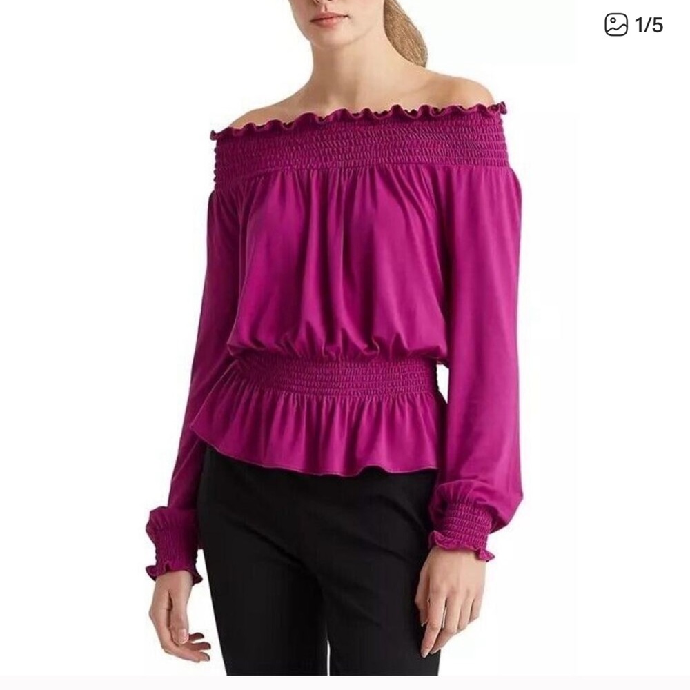 Ralph Lauren Purple Jersey Off-the-Shoulder Peplum Blouse stretchy chic Size PM